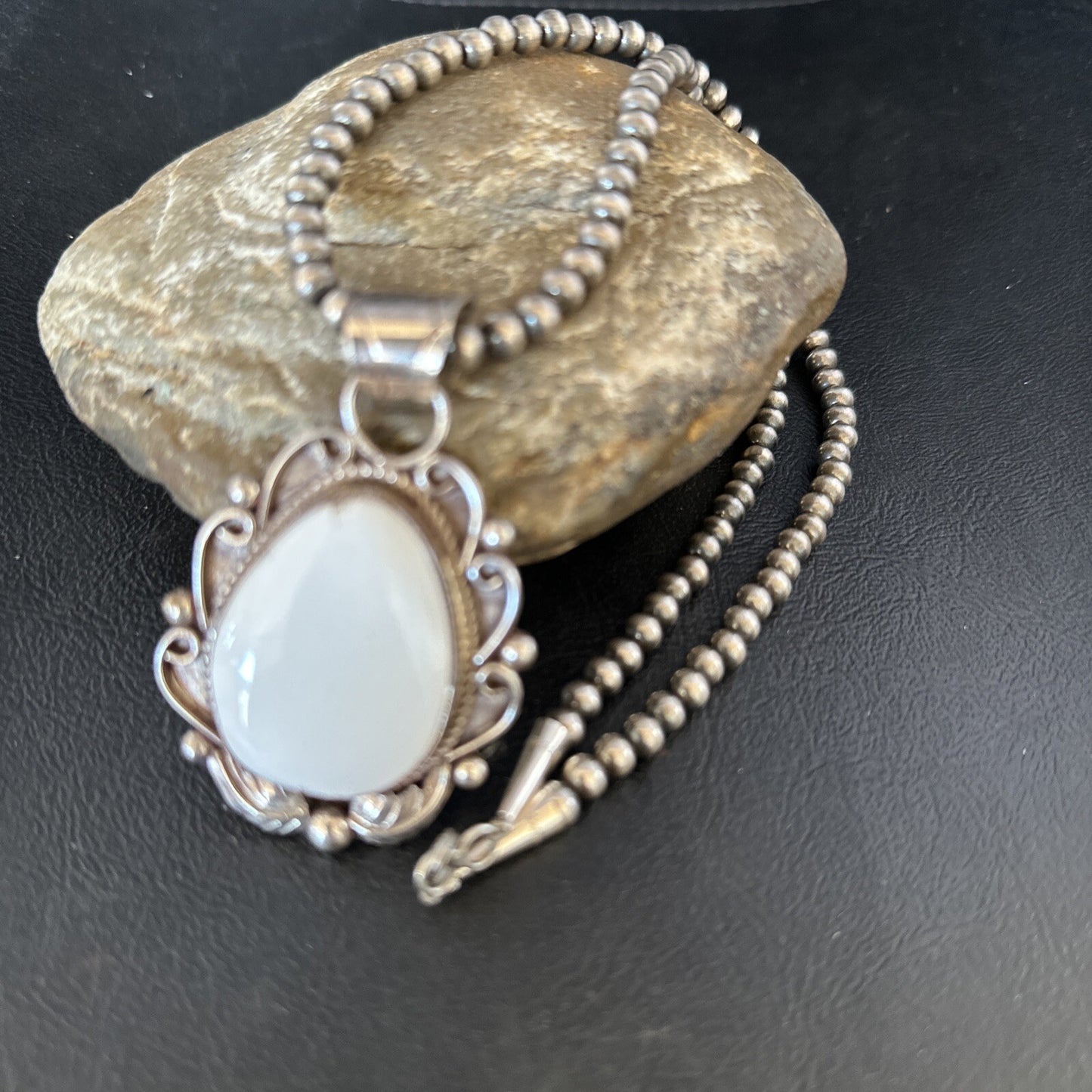 Men White Buffalo Turquoise Pendant Sterling Silver Beads Necklace 14229