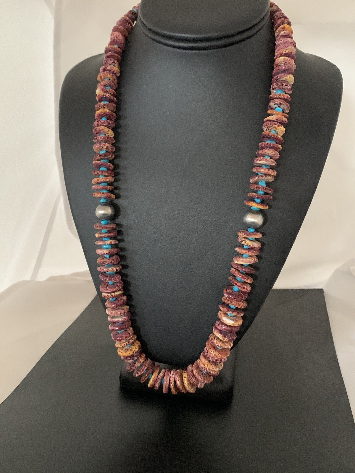 Purple Spiny Oyster & Turquoise Navajo Sterling Silver Necklace 00119