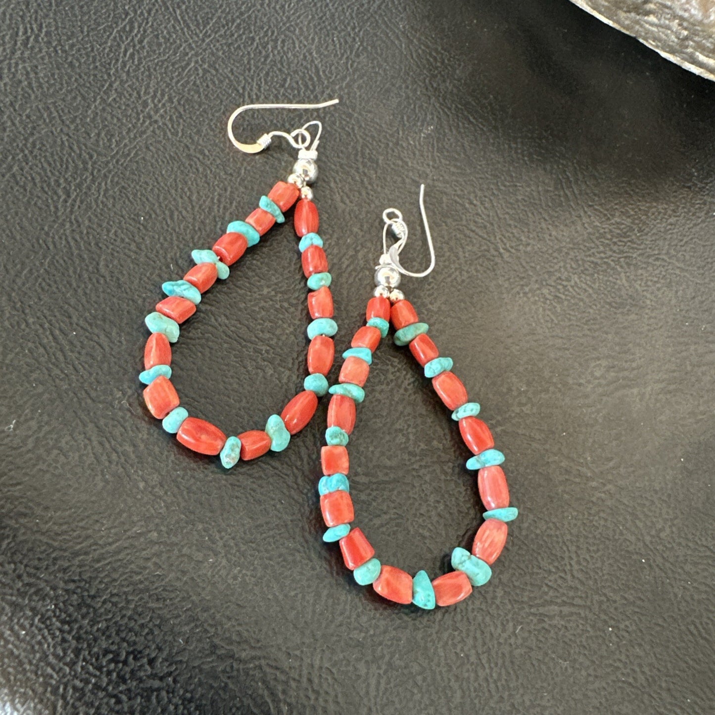 Blue Turquoise Coral Navajo Sterling Silver Earrings 2” 18835