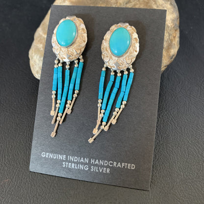 Native Womens Nugget Sterling Silver Blue Turquoise Dangle Earrings 2" 13013