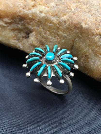 Blue Turquoise Needle Point Cluster Zuni Sterling Silver Ring Sz 7.25 4035