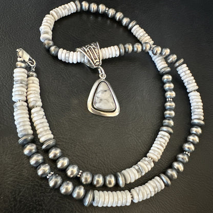 White Buffalo Turquoise Pendant Navajo Pearls Sterling Silver Necklace 22" 18260