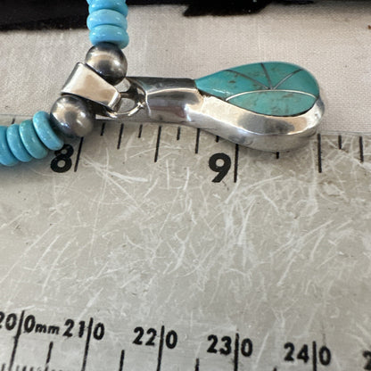 Pottery Blue Turquoise Inlay Pendant Navajo Sterling Silver Necklace 20" 19678
