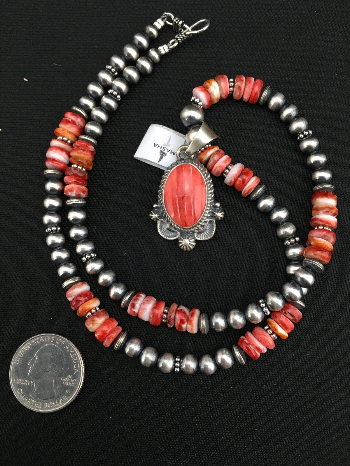 Red Spiny Oyster Pendant Navajo Pearls Sterling Silver Necklace 2685