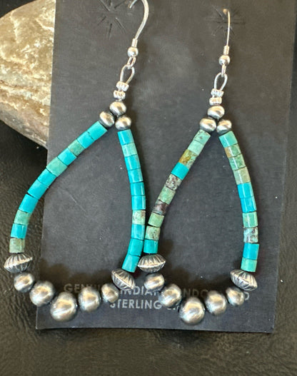 Blue Turquoise Heishi Sterling Silver Beads Navajo Beads Earrings 2" 17873