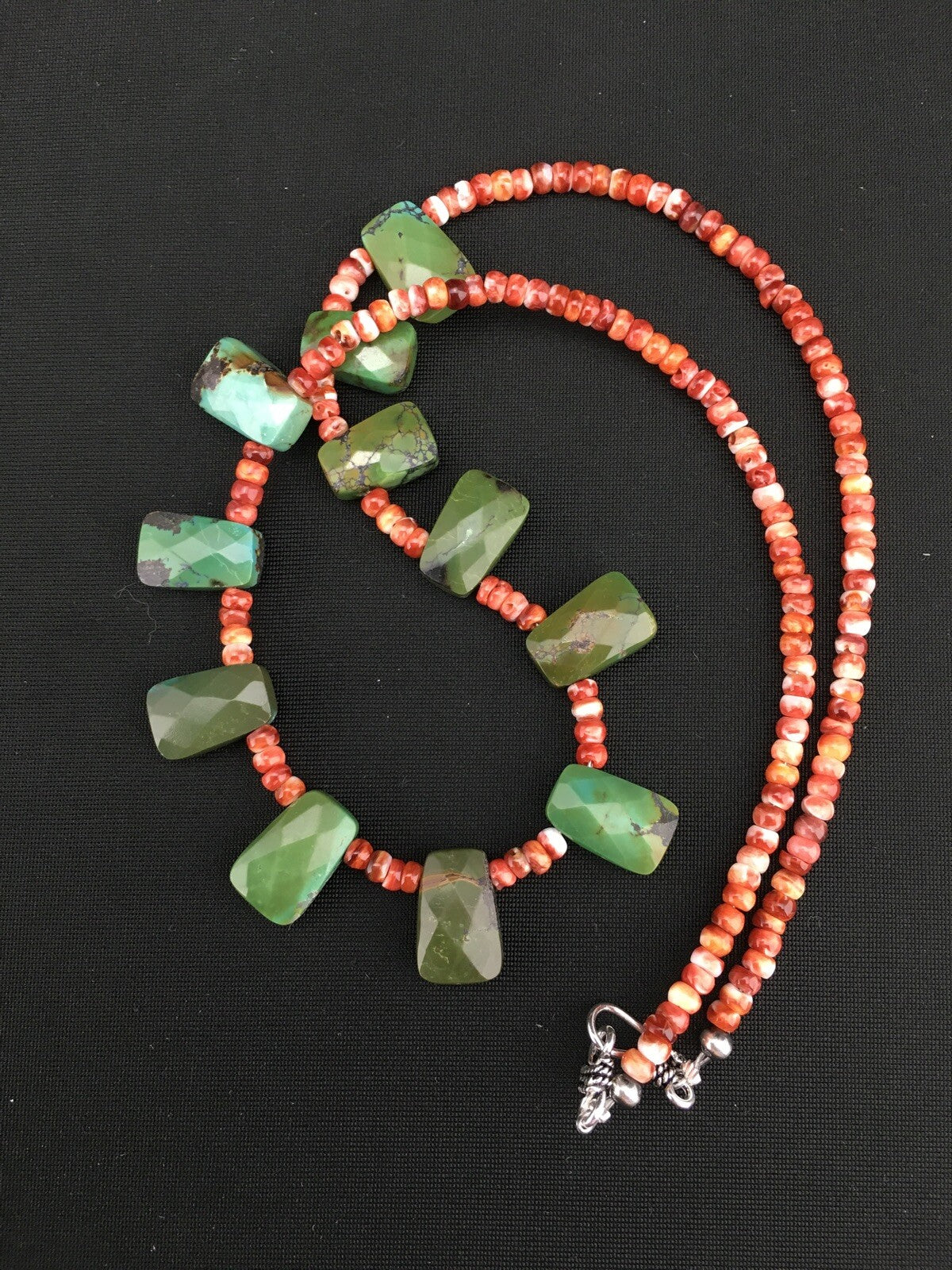 Spiny Oyster & Faceted Turquoise Navajo Sterling Silver Necklace 20" 04917