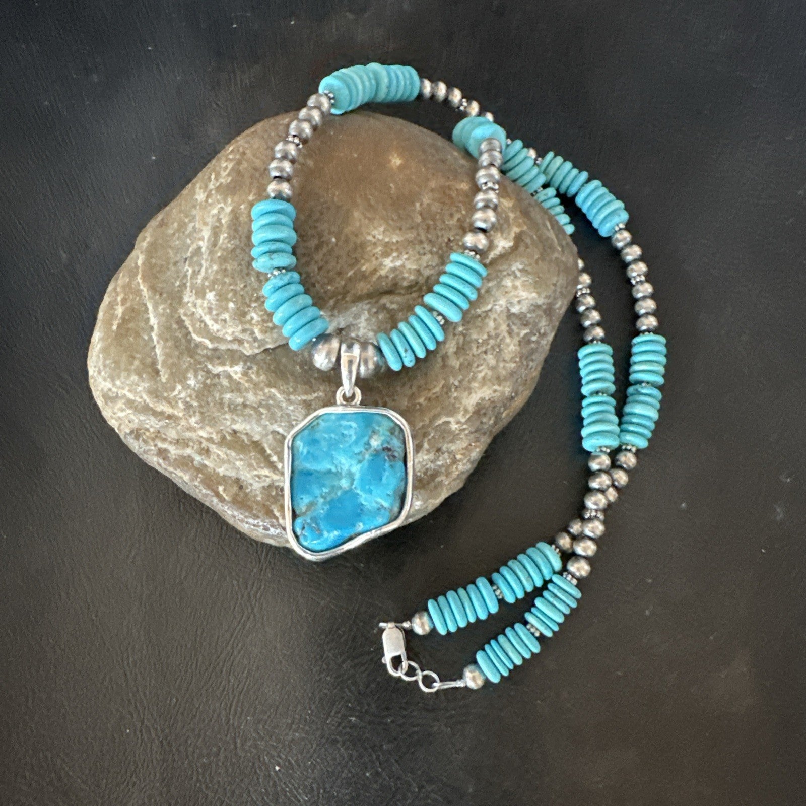 Blue Kingman Turquoise 2 Sided Pendant Navajo Sterling Native Necklace 20" 19516