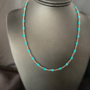 Minimalist Navajo Pearls 3mm Blue Turquoise Necklace 16" | Sterling Silver | Authentic Native American Handmade | 13591