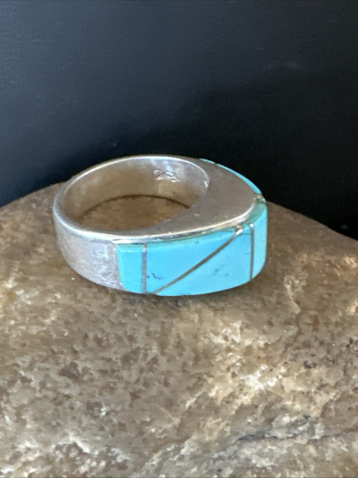 Blue Turquoise Native Navajo Sterling Silver Inlay Band Ring Size 7 18814