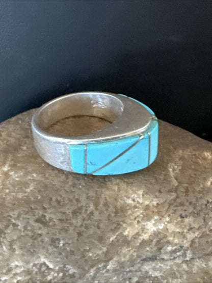 Blue Turquoise Native Navajo Sterling Silver Inlay Band Ring Size 7 18814