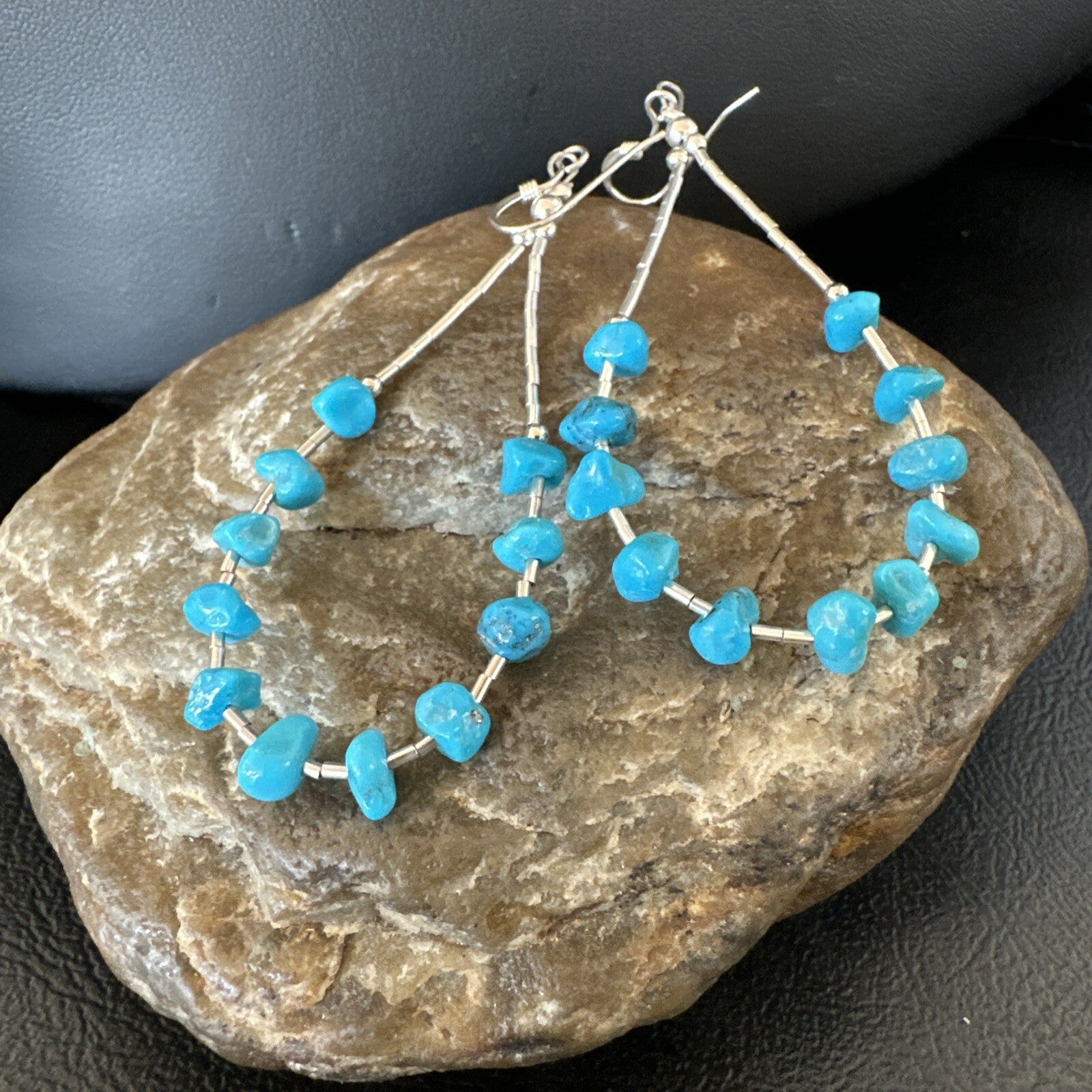 Blue Turquoise Nugget Bead Sterling Silver Beads Earrings 18097