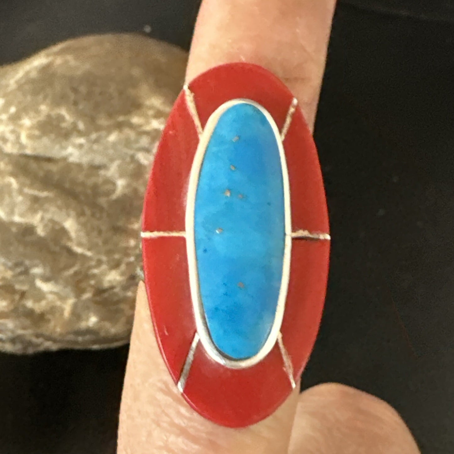 Blue Turquoise Coral Navajo Sterling Silver Ring Size 7.5 18767