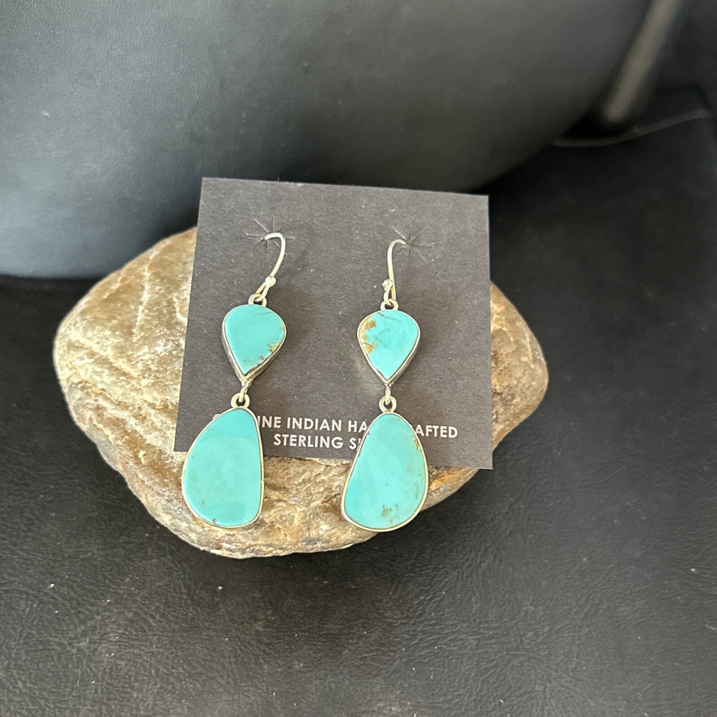 Blue Kingman Turquoise Navajo Sterling Silver Dangle 1.5" Earrings 14576