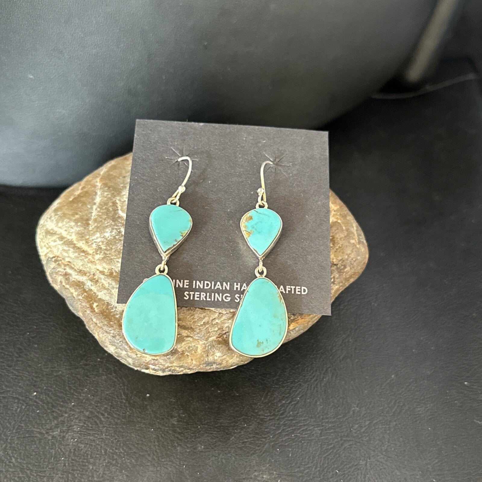 Blue Kingman Turquoise Navajo Sterling Silver Dangle 1.5" Earrings 14576