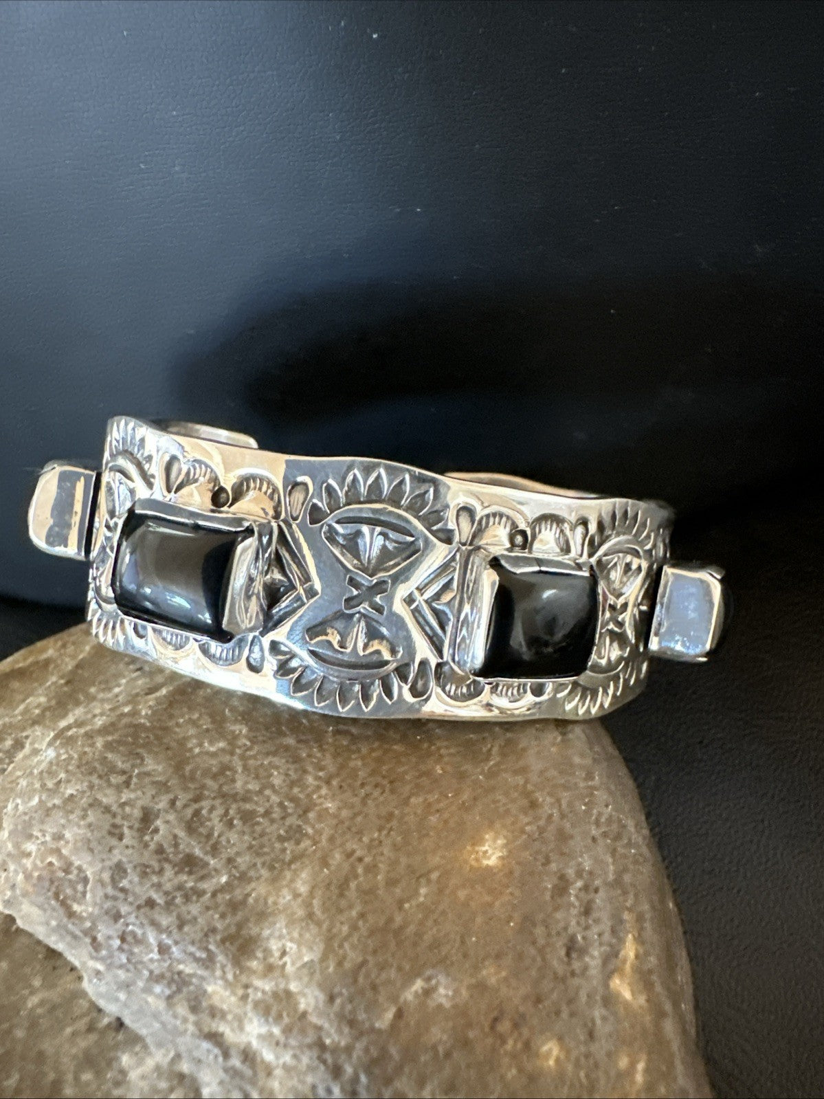 Mens Womens Navajo Sterling Silver Black Onyx Cluster Cuff Bracelet 7.5" 19432
