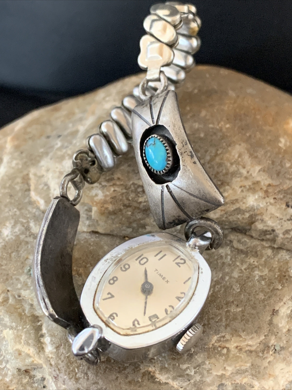 Turquoise Navajo Sterling Silver Old Pawn Shadowbox Watch Tips 01449