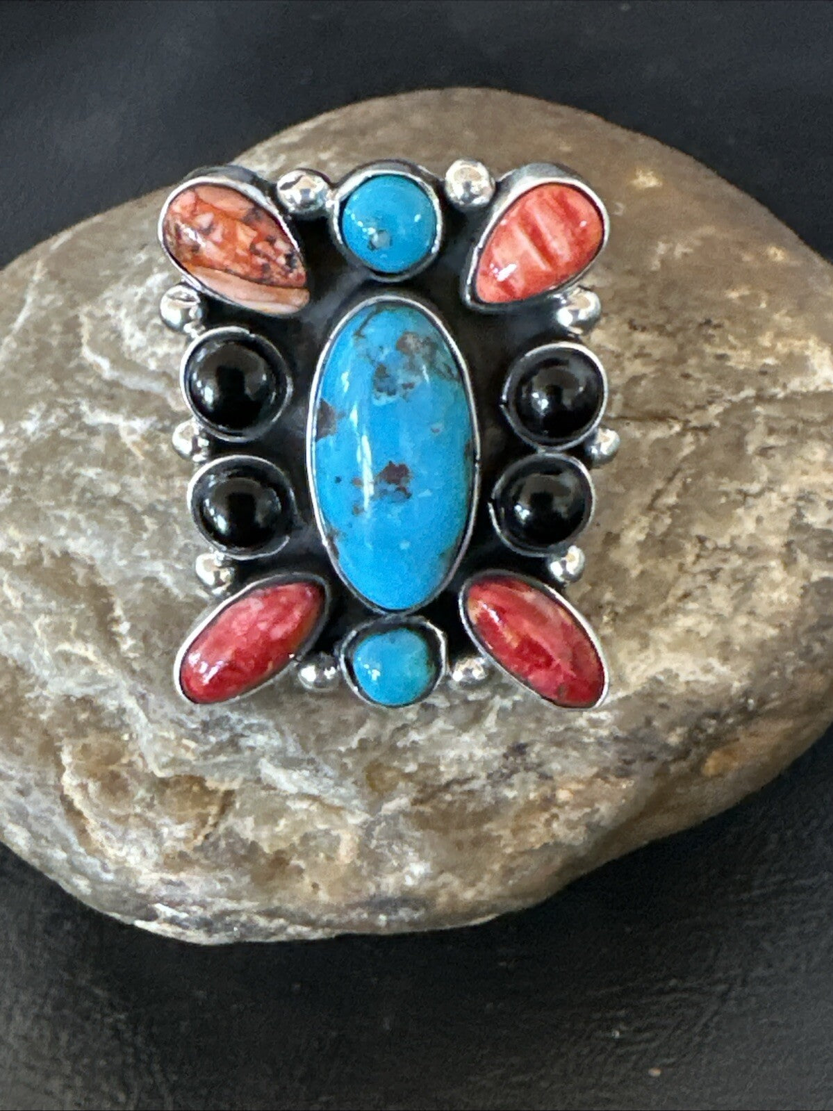 Cluster Blue Turquoise Spiny Oyster Onyx Sterling Silver Ring Size 10 18559