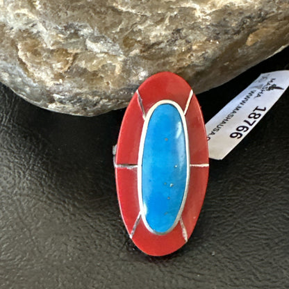 Blue Turquoise Coral Navajo Sterling Silver Ring Size 7.5 18766