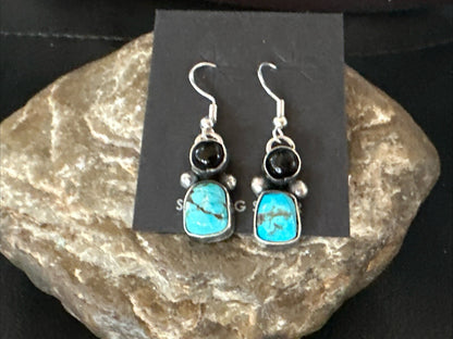 Handmade Kingman Turquoise Onyx Navajo Sterling Silver Dangle Earrings 18847