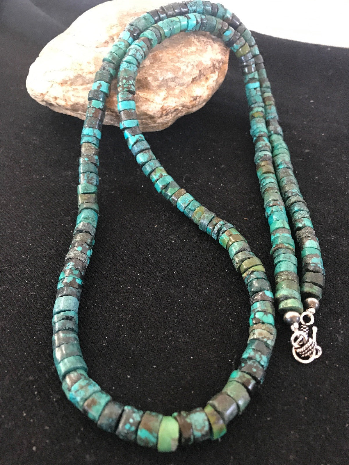 Navajo Blue Turquoise 10mm Heishi Sterling Silver Bead Necklace 26” 10068