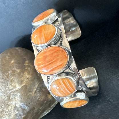 Stamped Orange Spiny Oyster Navajo Sterling Silver 5 Stone Cuff Bracelet 17942
