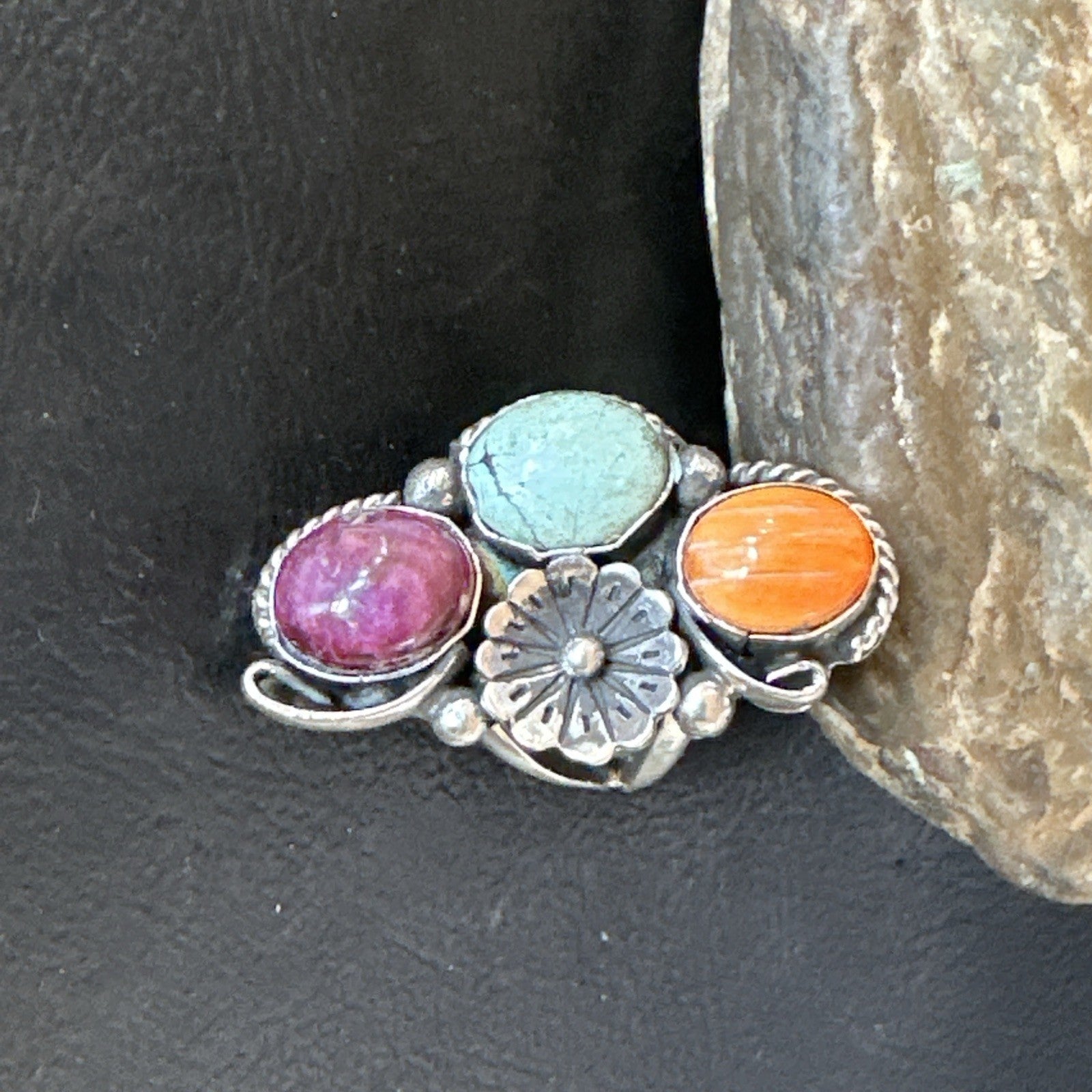 Multicolor Ring Turquoise Spiny Navajo Sterling Silver Cluster Size 8 19170