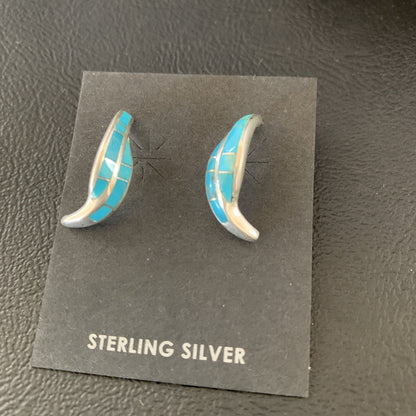 Blue Turquoise Southwestern Zuni Sterling Silver Inlay Hoop Earrings 0.75" 13022