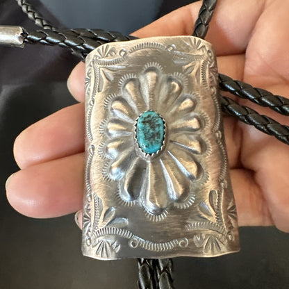 Mens Stamped Bolo Tie Blue Kingman Turquoise Navajo Sterling Silver 2” 19301