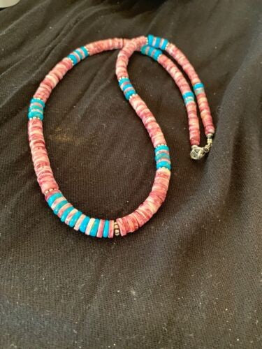 Navajo Turquoise & Spiny Oyster Necklace Sterling Silver 21" 4639