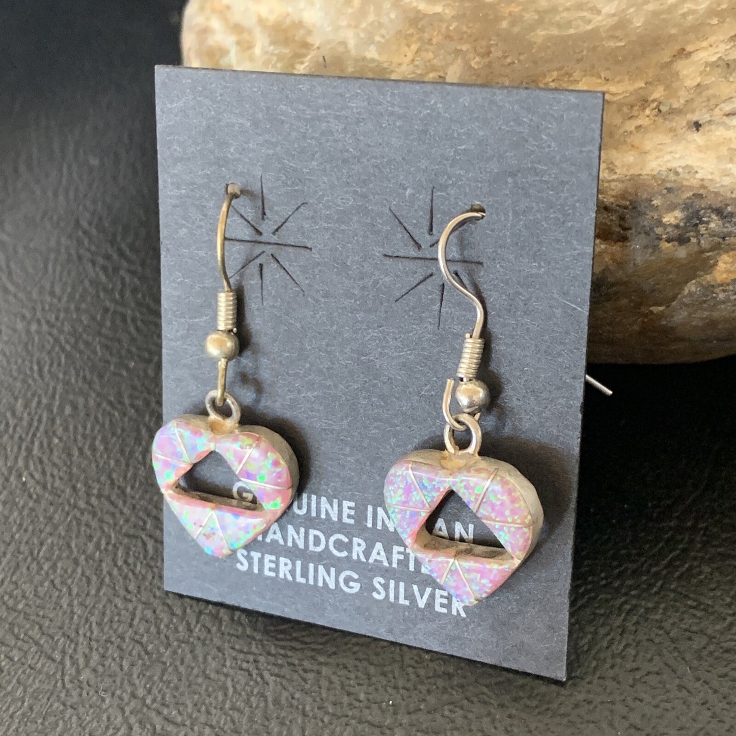 Womens Pink Opal Heart Inlay Navajo Sterling Silver Dangle Drop Earrings 12763