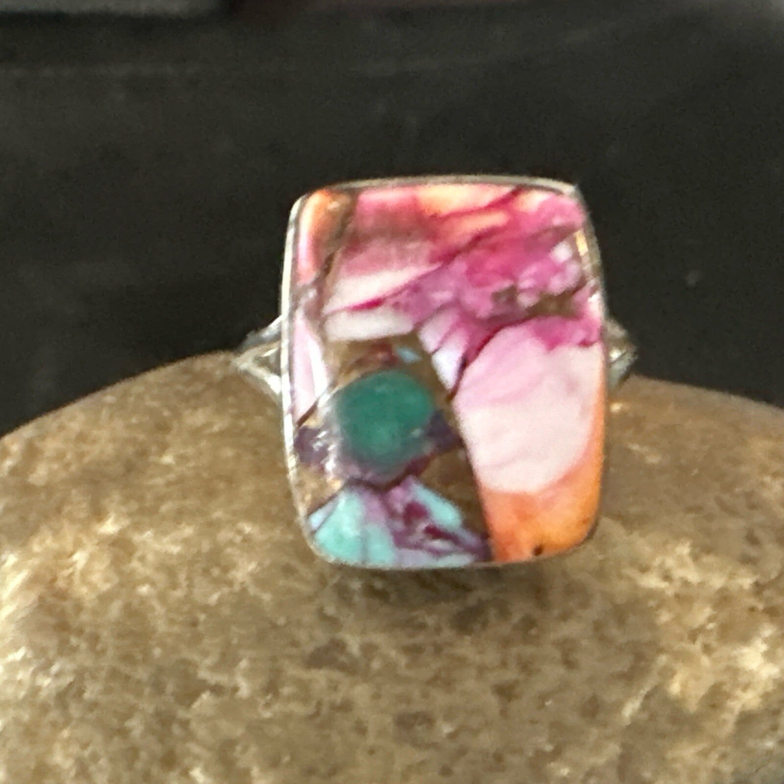 Blue Turquoise Spiny Oyster Southwestern Sterling Silver Ring Size 8 18442