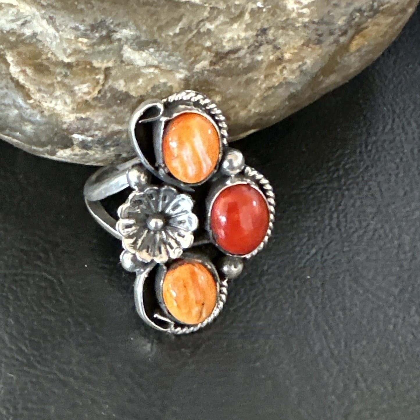 Multicolor Ring Coral Spiny Navajo Sterling Silver Cluster Sz 10.5 19196