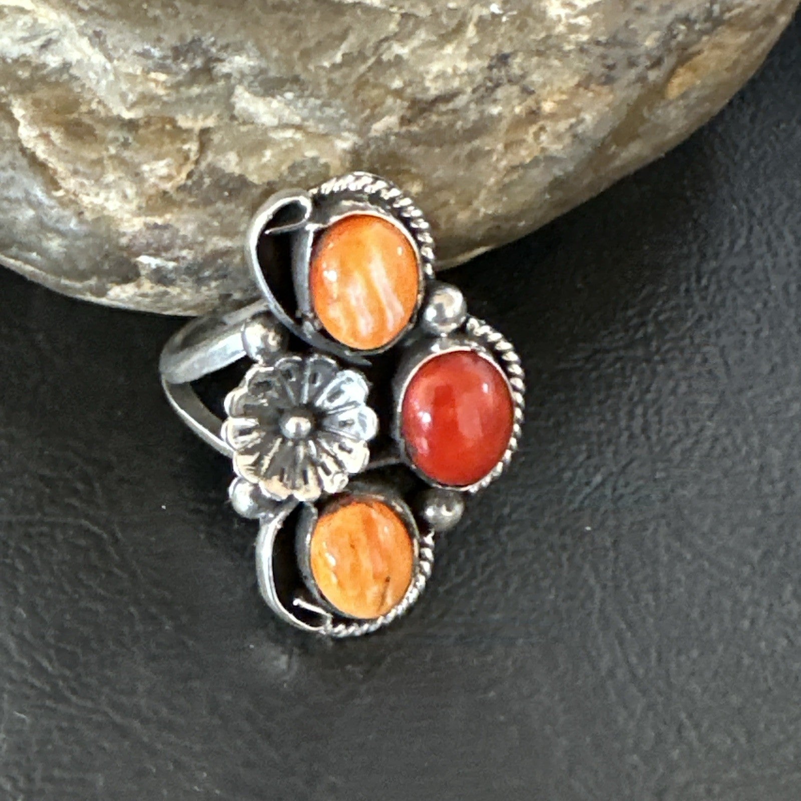 Multicolor Ring Coral Spiny Navajo Sterling Silver Cluster Sz 10.5 19196