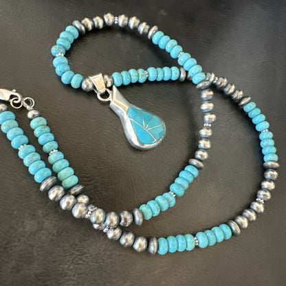Pottery Blue Kingman Turquoise Pendant Navajo Sterling Silver Necklace 21" 18378