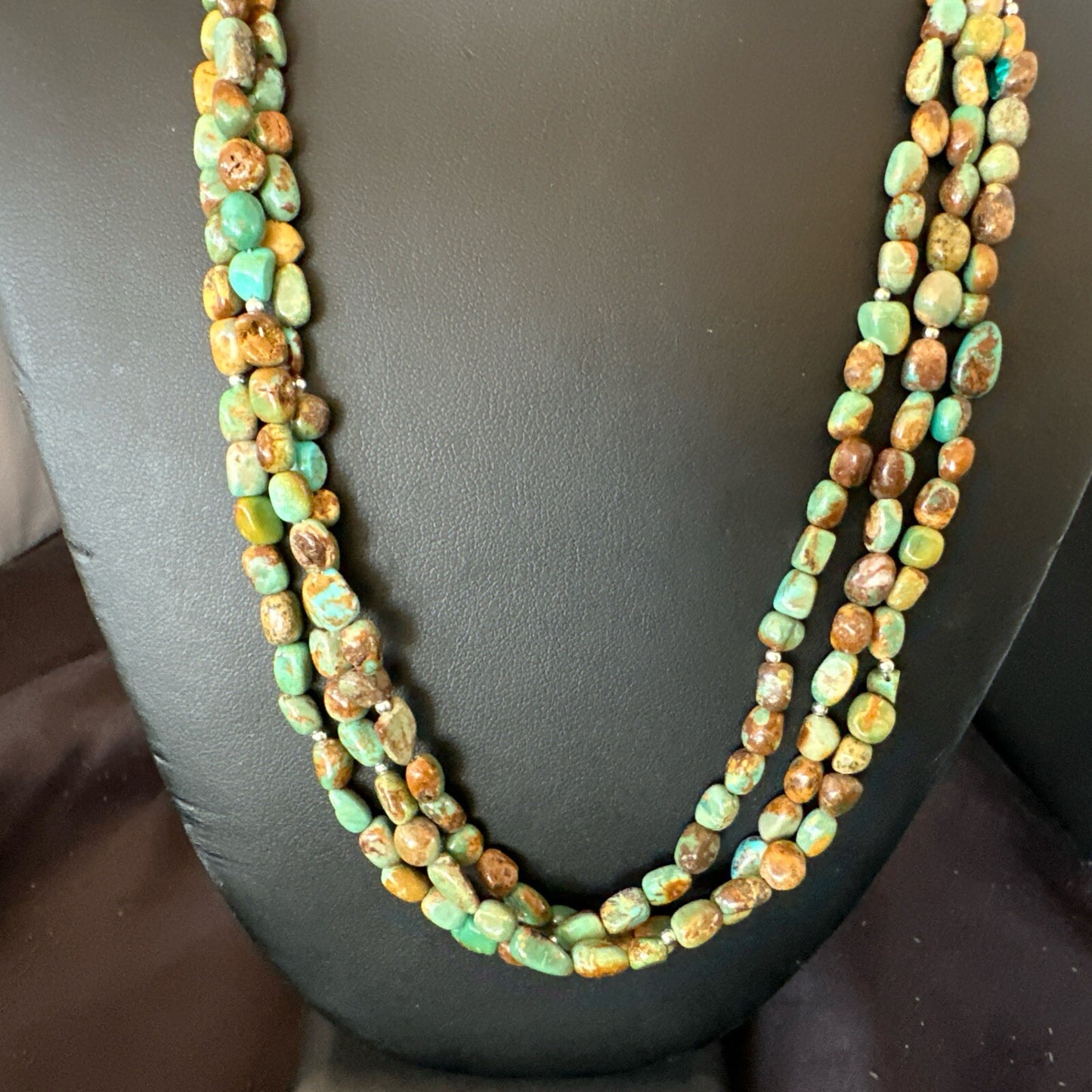 Sterling Silver Beads Heishi Green Turquoise 3 Strands Necklace 18821