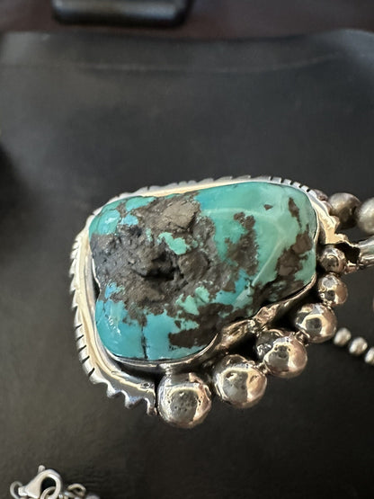 Rustic Blue Kingman Turquoise Pendant Navajo Sterling Silver Necklace 20" 18315
