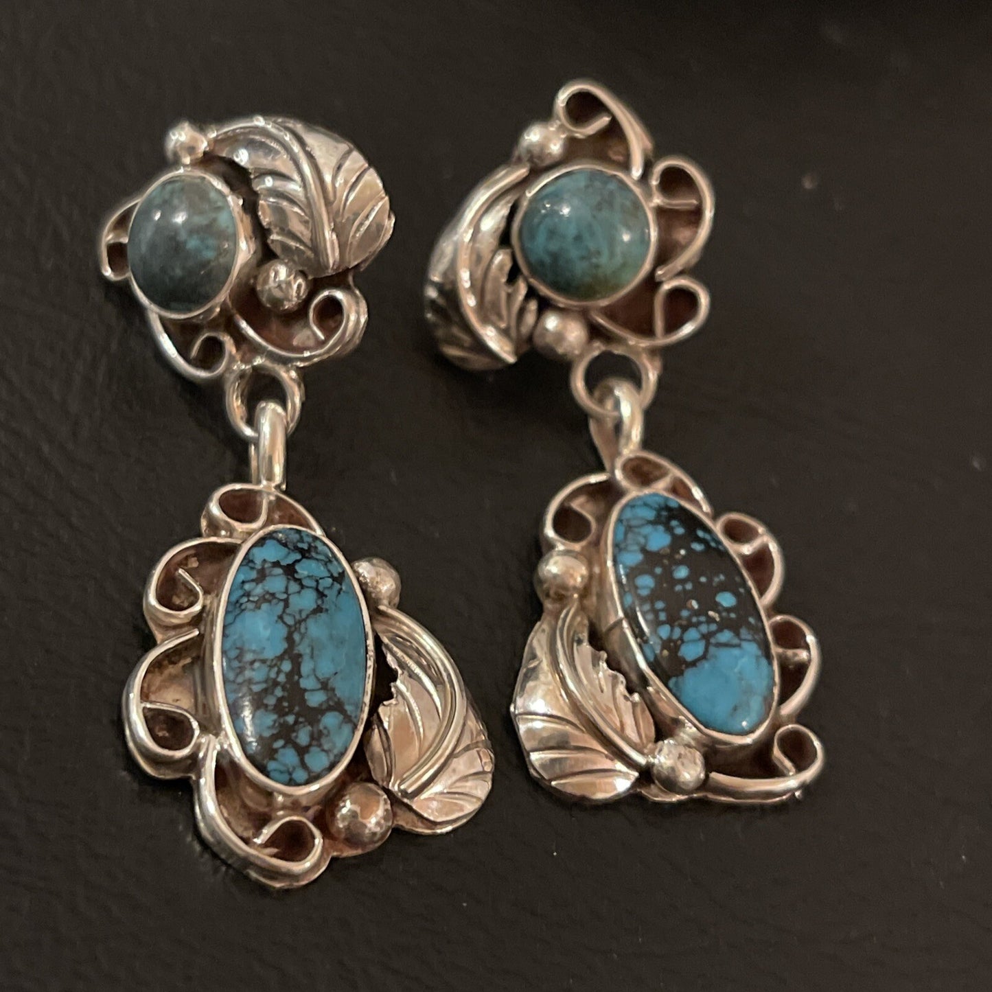 Spiderweb Turquoise Navajo Sterling Silver Post Dangle Earrings 02026