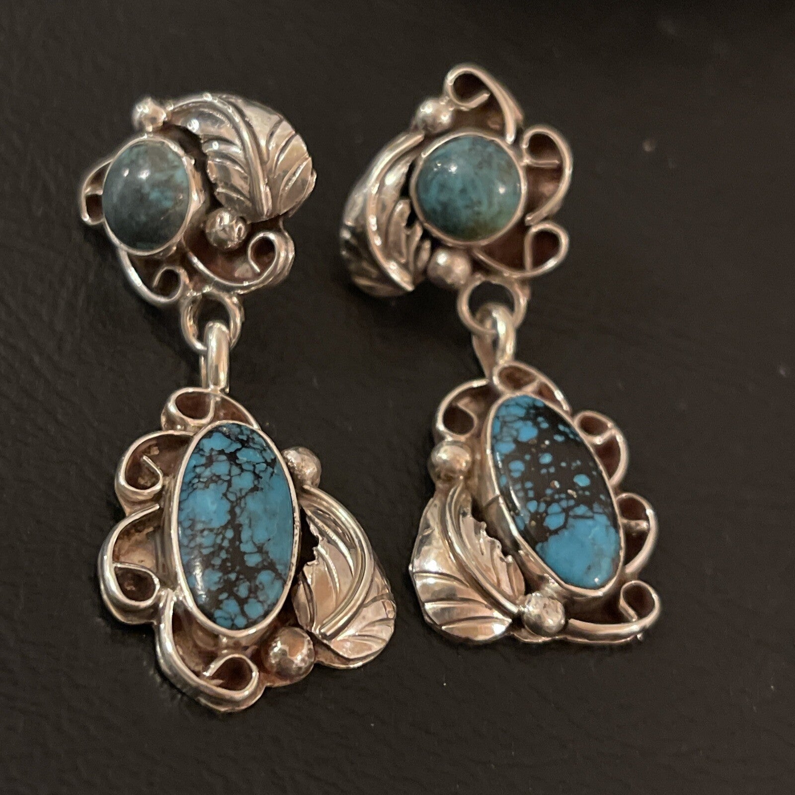 Spiderweb Turquoise Navajo Sterling Silver Post Dangle Earrings 02026