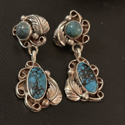 Spiderweb Turquoise Navajo Sterling Silver Post Dangle Earrings 02026