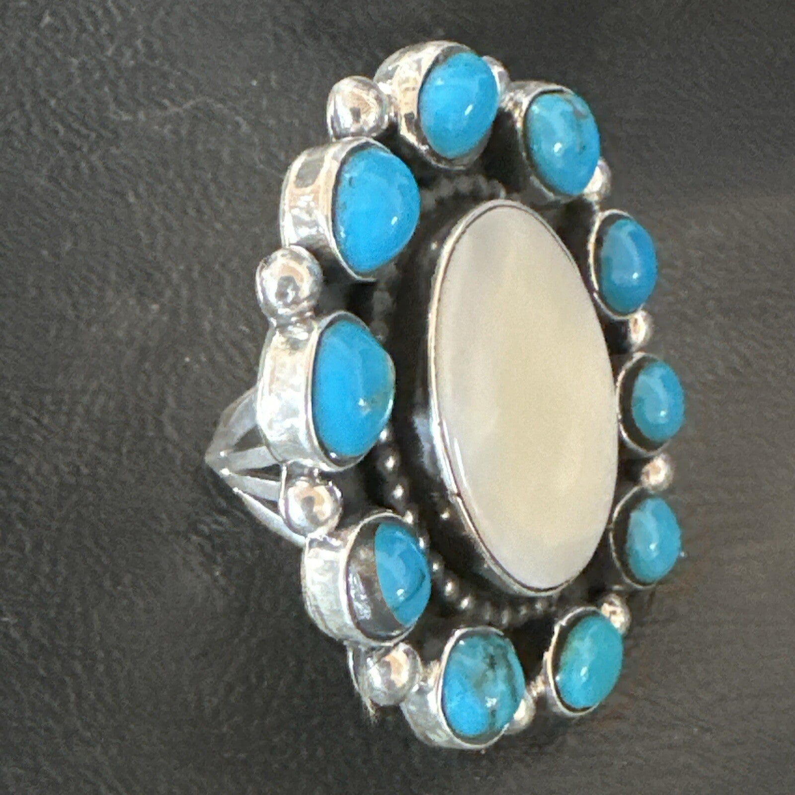 Blue Kingman Turquoise MOP Navajo Sterling Silver Cluster Ring Size 10 18395