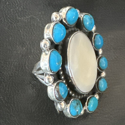 Blue Kingman Turquoise MOP Navajo Sterling Silver Cluster Ring Size 10 18395