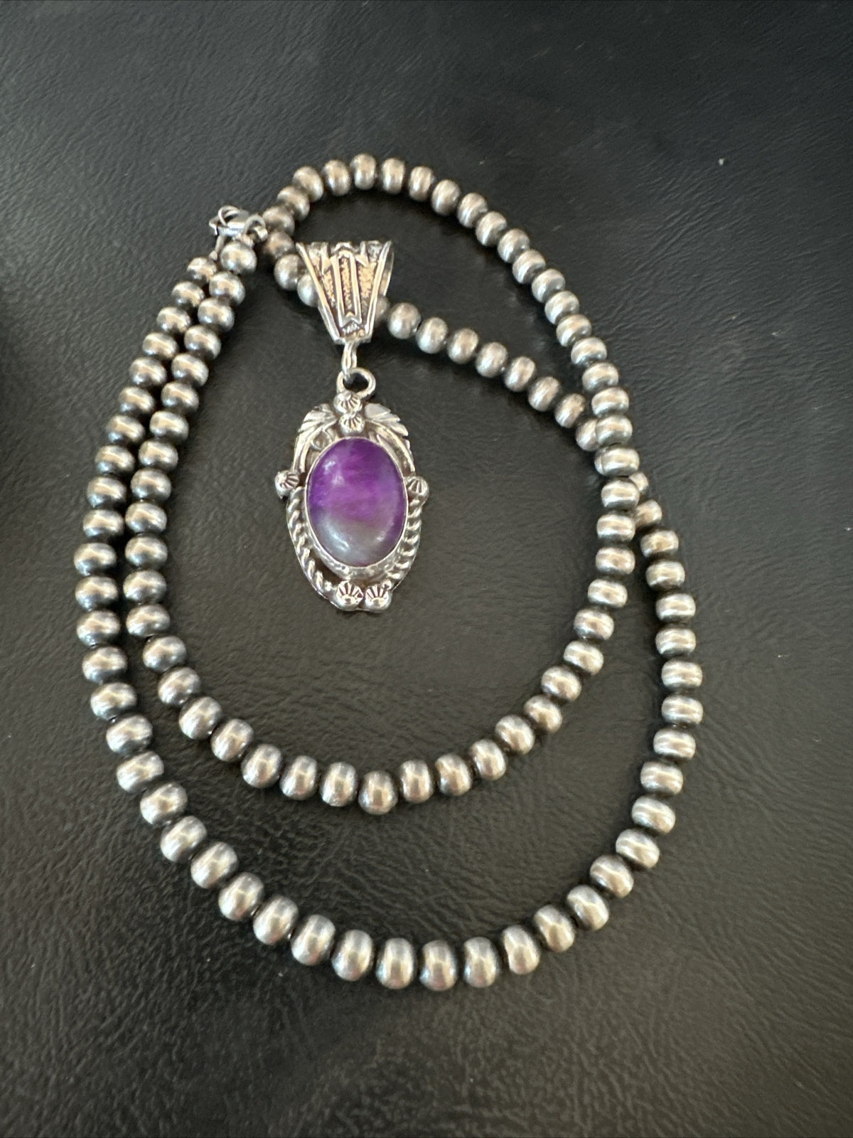 Purple Stone Pendant Sterling Silver Beads Necklace 20” 18048