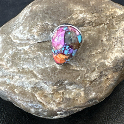 Blue Turquoise Spiny Oyster Southwestern Sterling Silver Ring Size 6 18471
