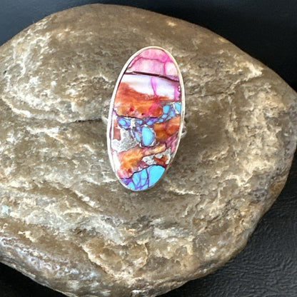 Blue Turquoise Orange Spiny Oyster Navajo Sterling Silver Ring Size 7 18212
