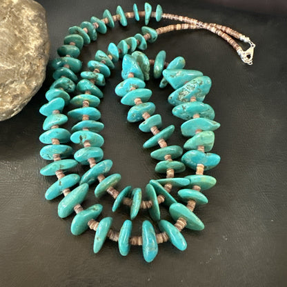 XL Navajo Kingman Turquoise Shell Heishi Sterling Silver Bead 34” Necklace 19635