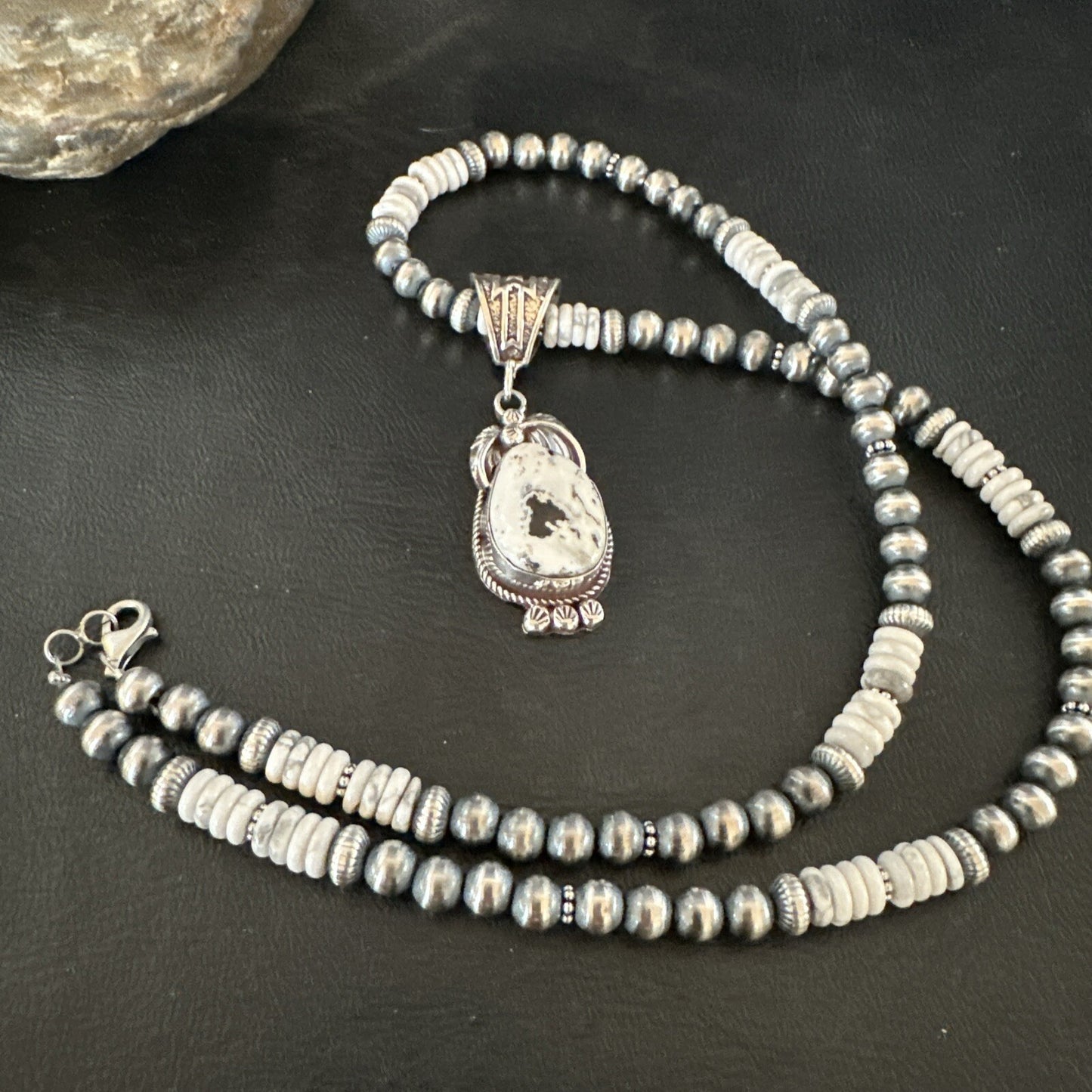 Men Women White Buffalo Turquoise Pendant Navajo Sterling Silver Necklace 17718