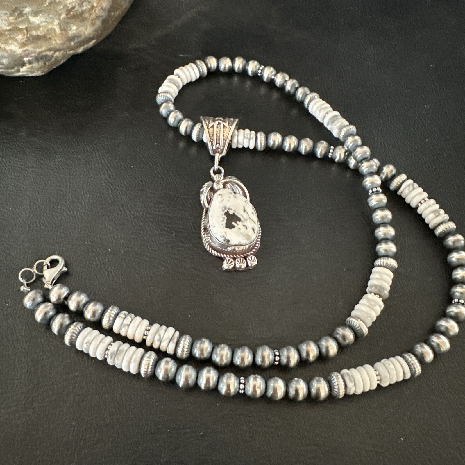 Men Women White Buffalo Turquoise Pendant Navajo Sterling Silver Necklace 17718