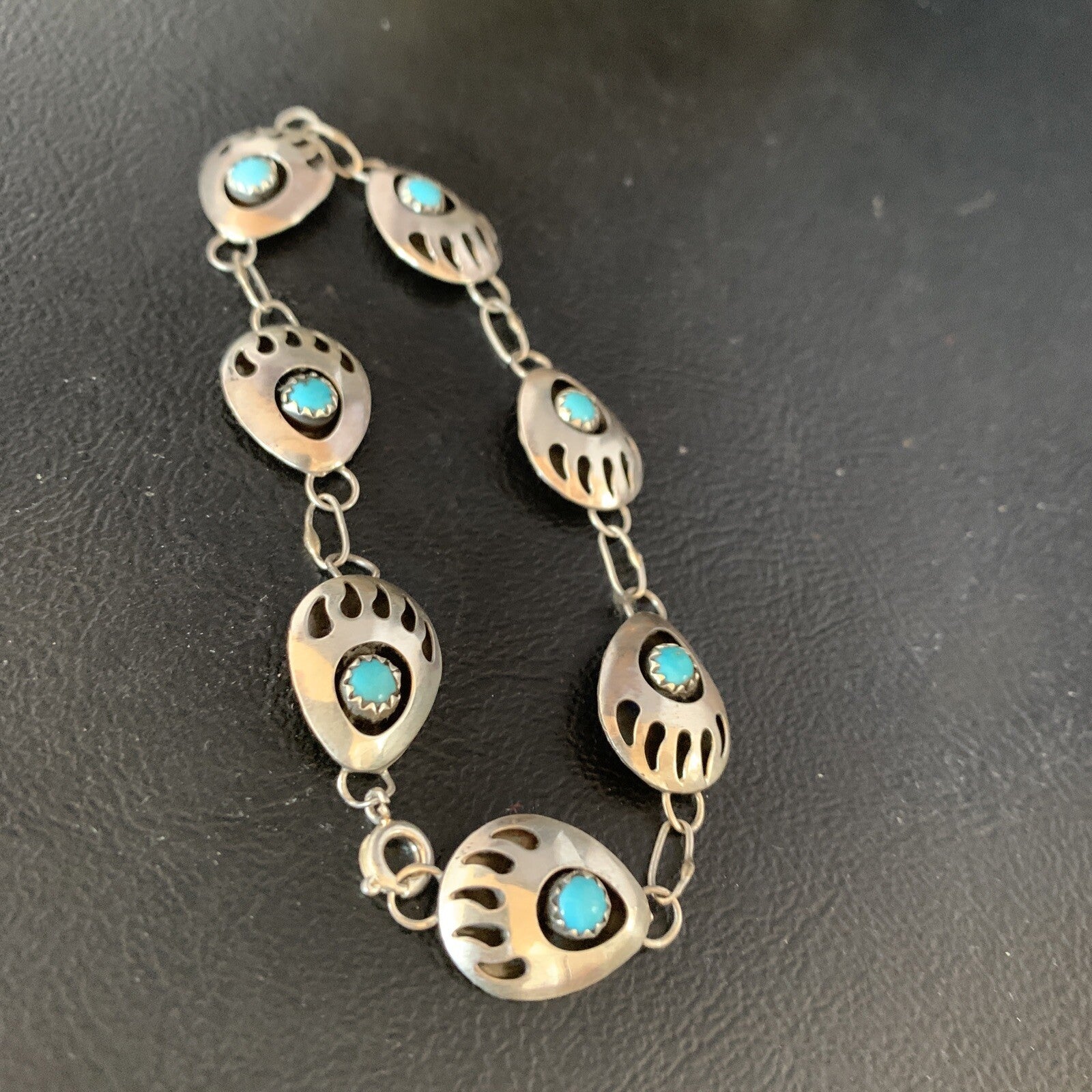 Turquoise BearPaw Navajo Sterling Silver Link Bracelet 08693