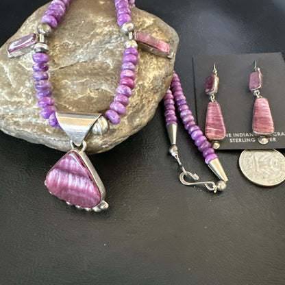 Purple Stone Spiny Oyster Sterling Silver Necklace Earrings 20” 19088 J B