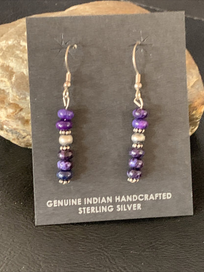 Purple Stone Navajo Sterling Silver Dangle Bead Earrings 1" 15353